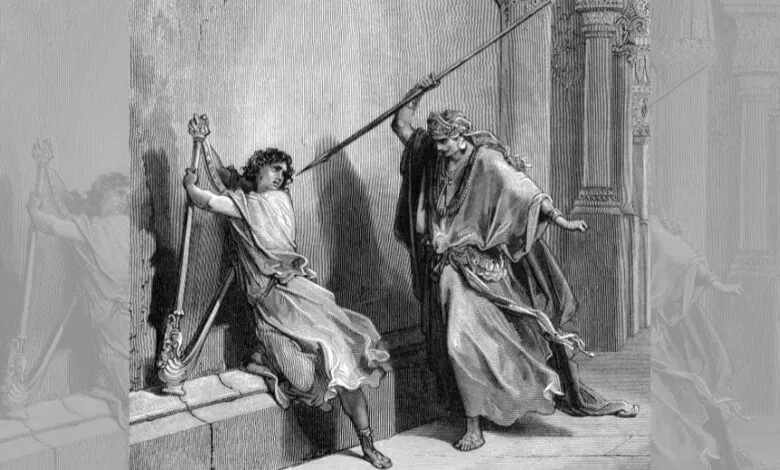 Harpa na mão de Davi e Lança na mão de Saul 1 Samuel 18-10