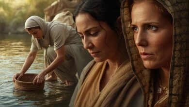 Mulheres em cenário bíblico simbolizando cuidado e maternidade em esboço de pregação modelos de maternidade