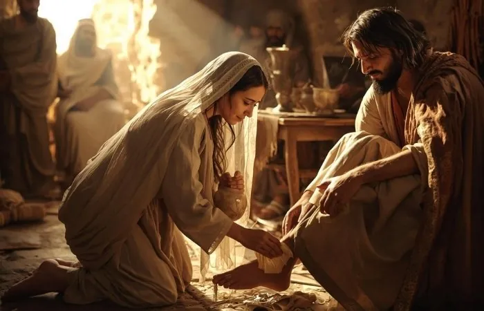 mulher ungindo os pés de Jesus